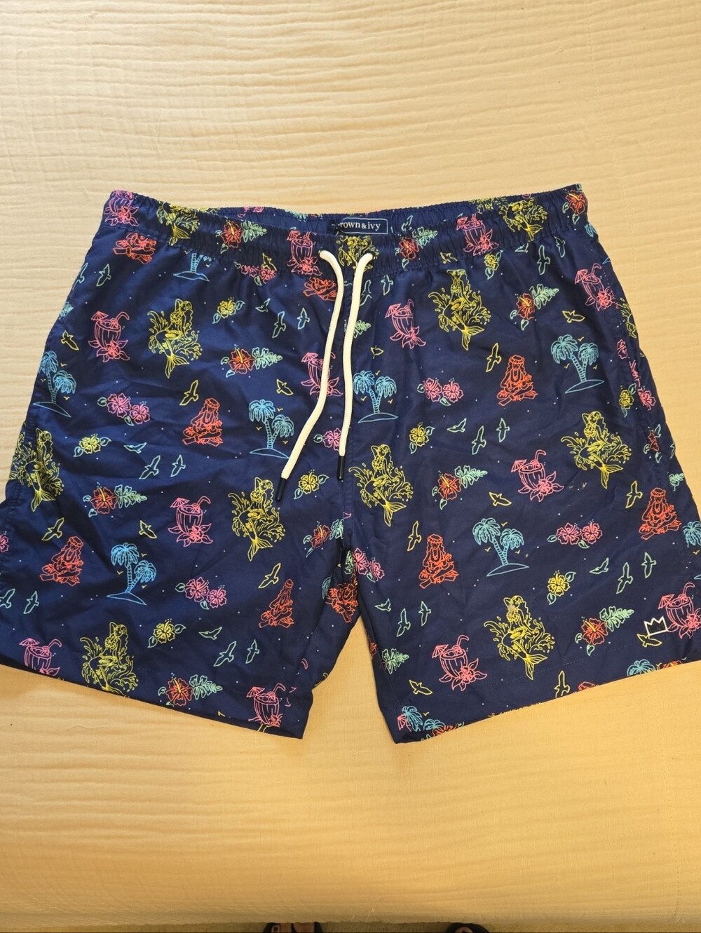 Men's Crown & Ivy Navy Swim Trunks with Neon Tropical Motif